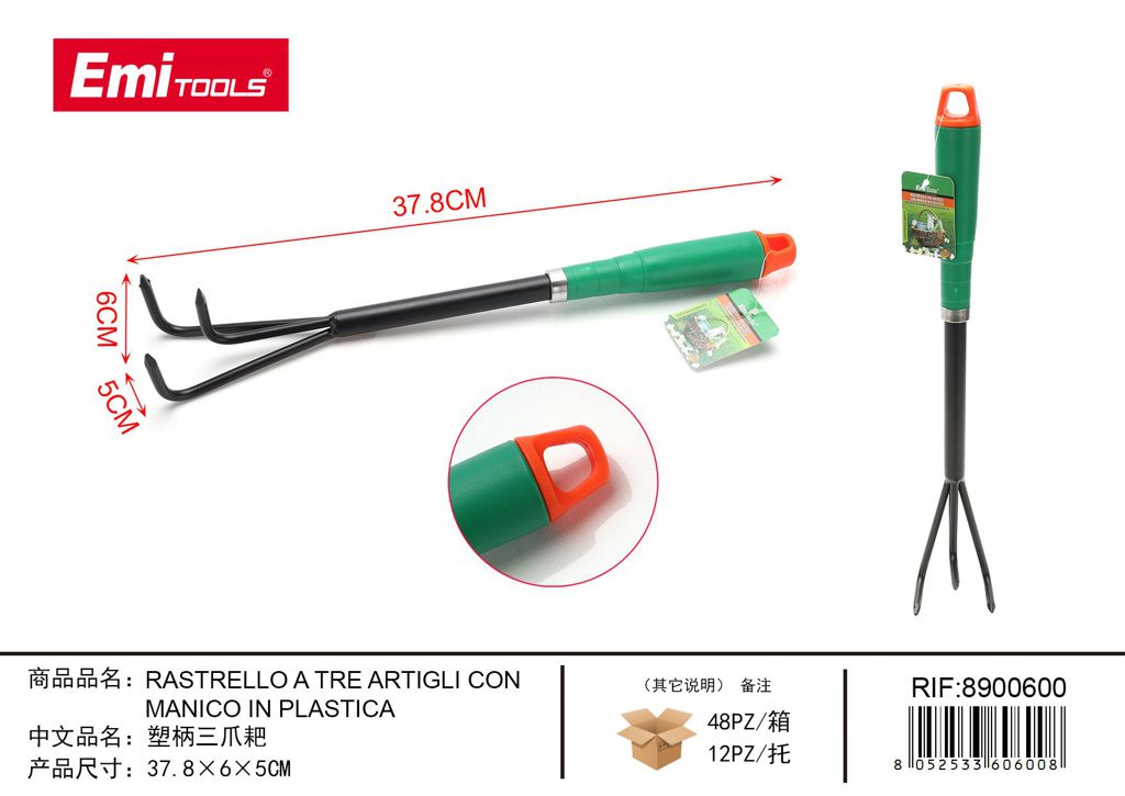 RASTRELLO A TRE ARTIGLI CON MANICO IN PLASTICA 35*6*5CM