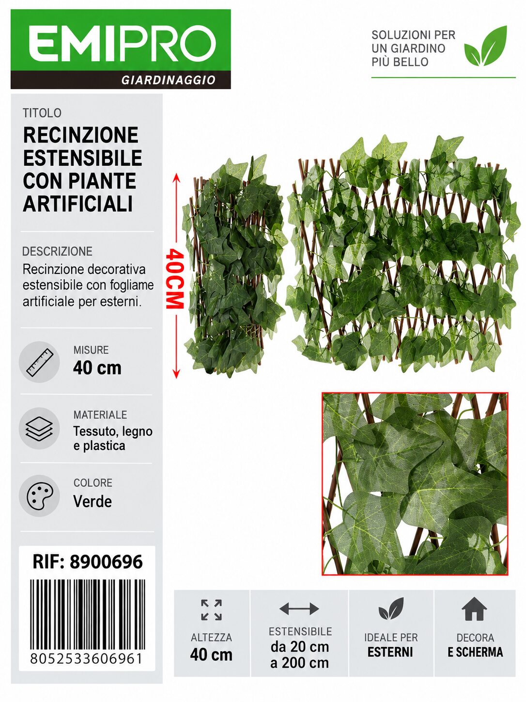 RECINZIONE ESTESA CON PIANTE ARTIFICIALI 40CM