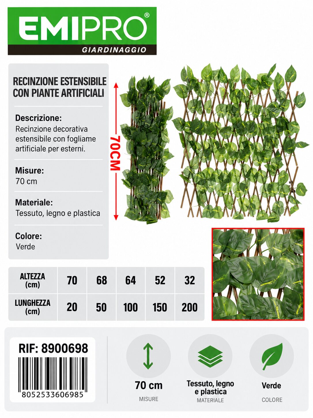 RECINZIONE ESTESA CON PIANTE ARTIFICIALI 70CM