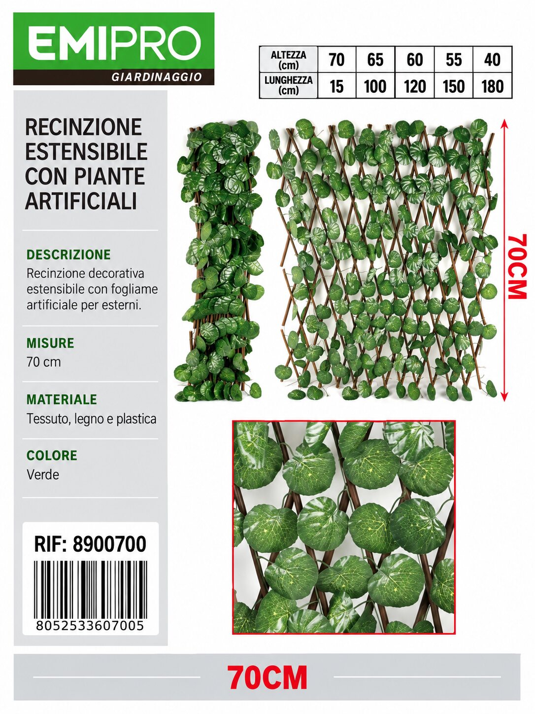RECINZIONE ESTESA CON PIANTE ARTIFICIALI 70CM