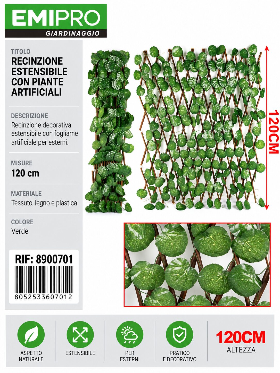 RECINZIONE ESTESA CON PIANTE ARTIFICIALI 120CM