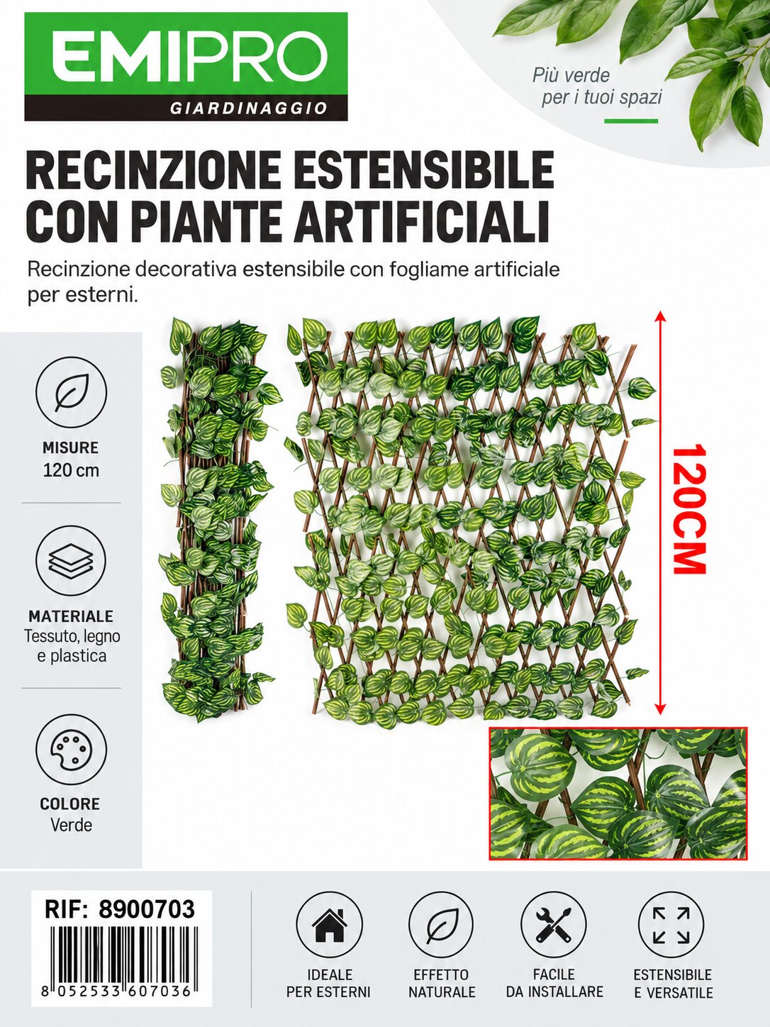 RECINZIONE ESTESA CON PIANTE ARTIFICIALI 120CM