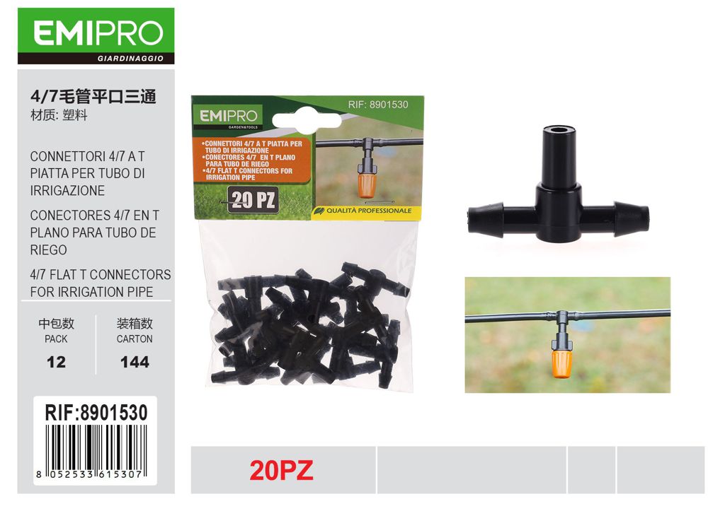 CONNETTORI 4/7 A T PIATTA PER TUBO DI IRRIGAZIONE 20PZ