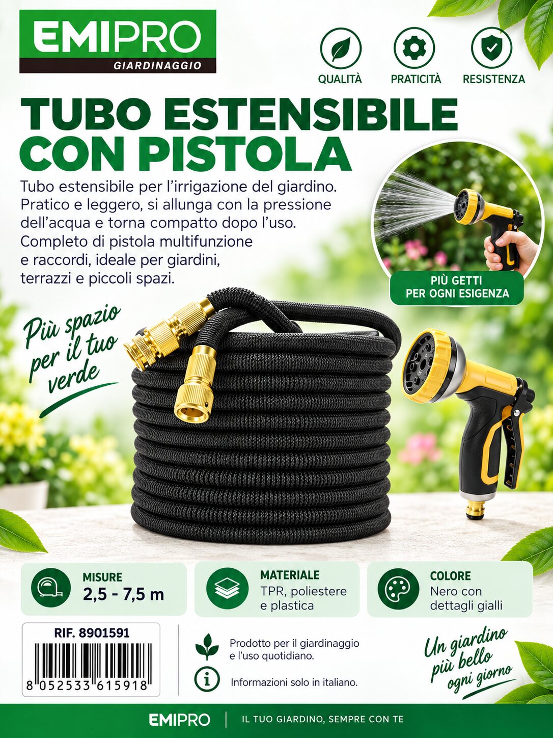 Tubo Estensibile Irrigazione 2.5-7.5M con Pistola