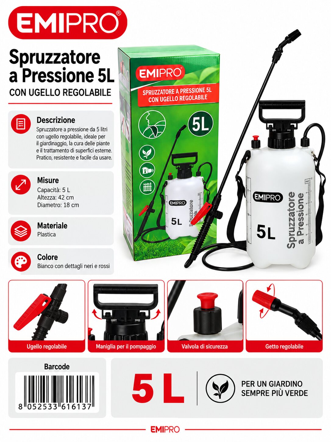 SPRAY A PRESSIONE 5LT CON AUGELLO REGOLABILE 5.0L