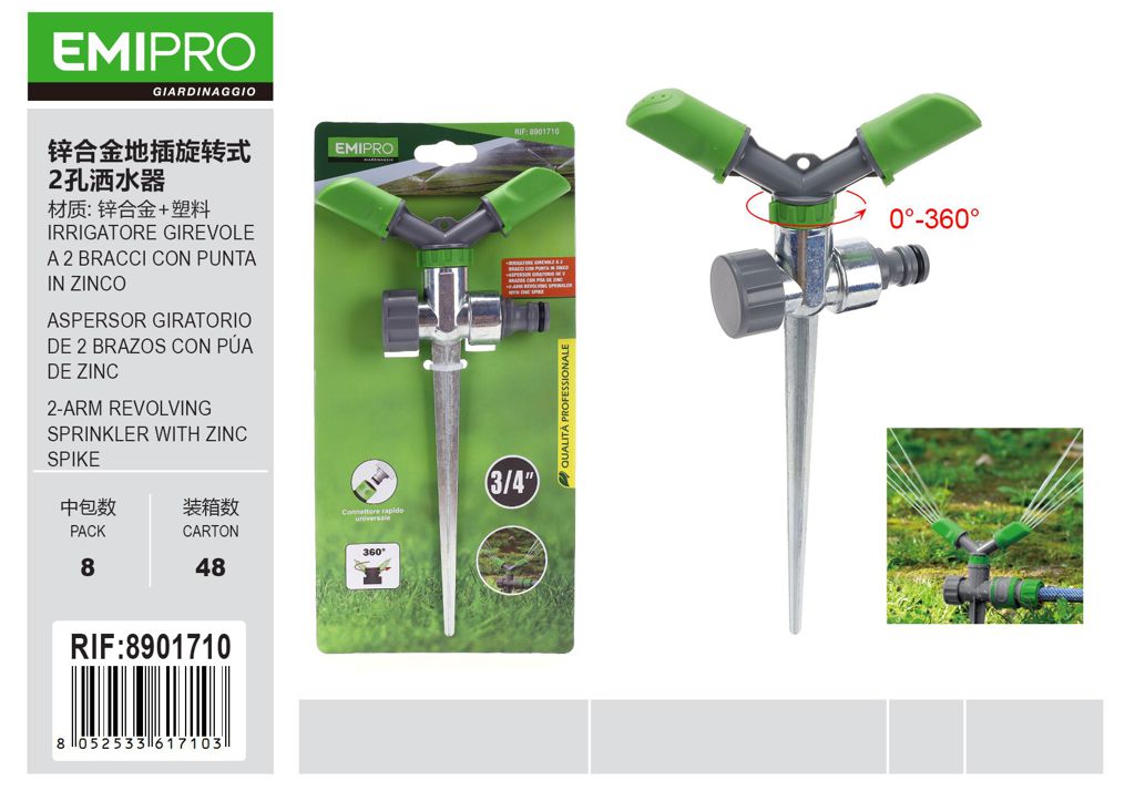 IRRIGATORE GIREVOLE A 2 BRACCI CON PUNTA IN ZINCO
