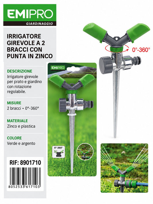 IRRIGATORE GIREVOLE A 2 BRACCI CON PUNTA IN ZINCO