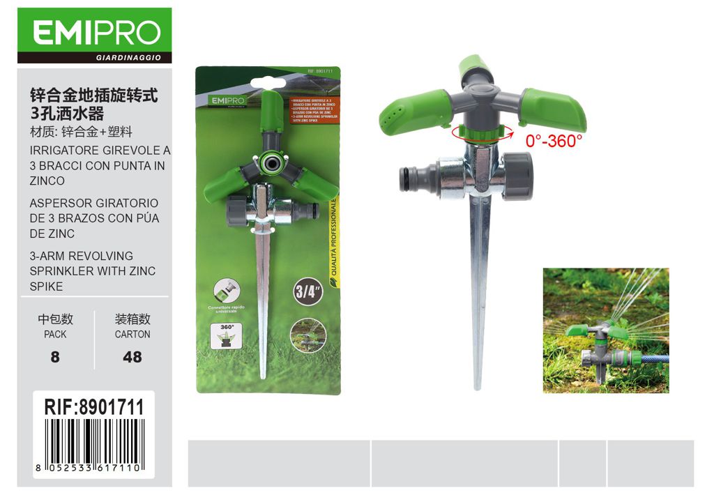 IRRIGATORE GIREVOLE A 3 BRACCI CON PUNTA IN ZINCO