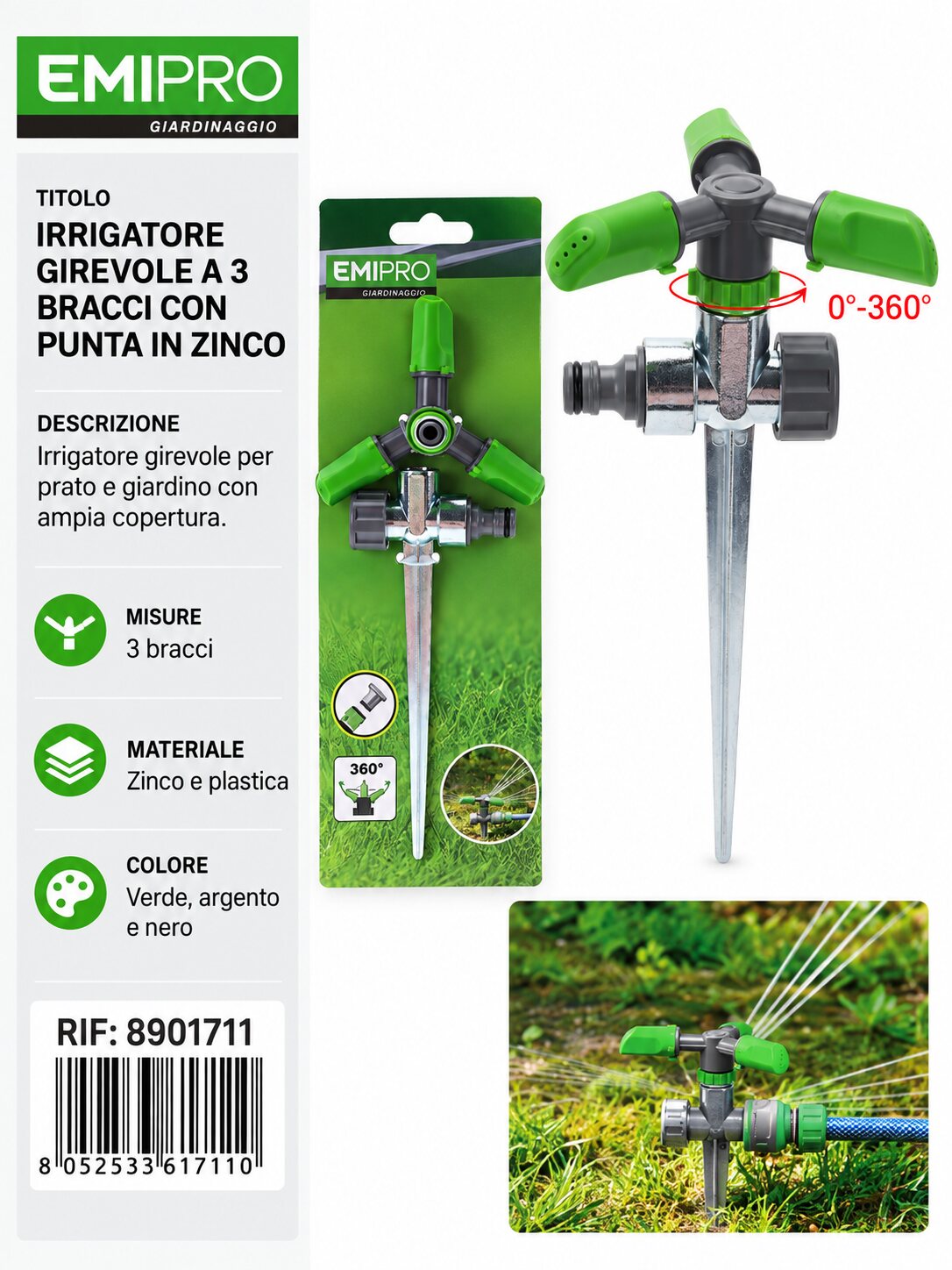 IRRIGATORE GIREVOLE A 3 BRACCI CON PUNTA IN ZINCO