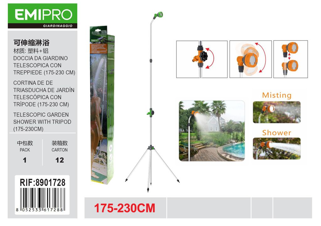 DOCCIA DA GIARDINO TELESCOPICA CON TREPPIEDE 175-230 CM