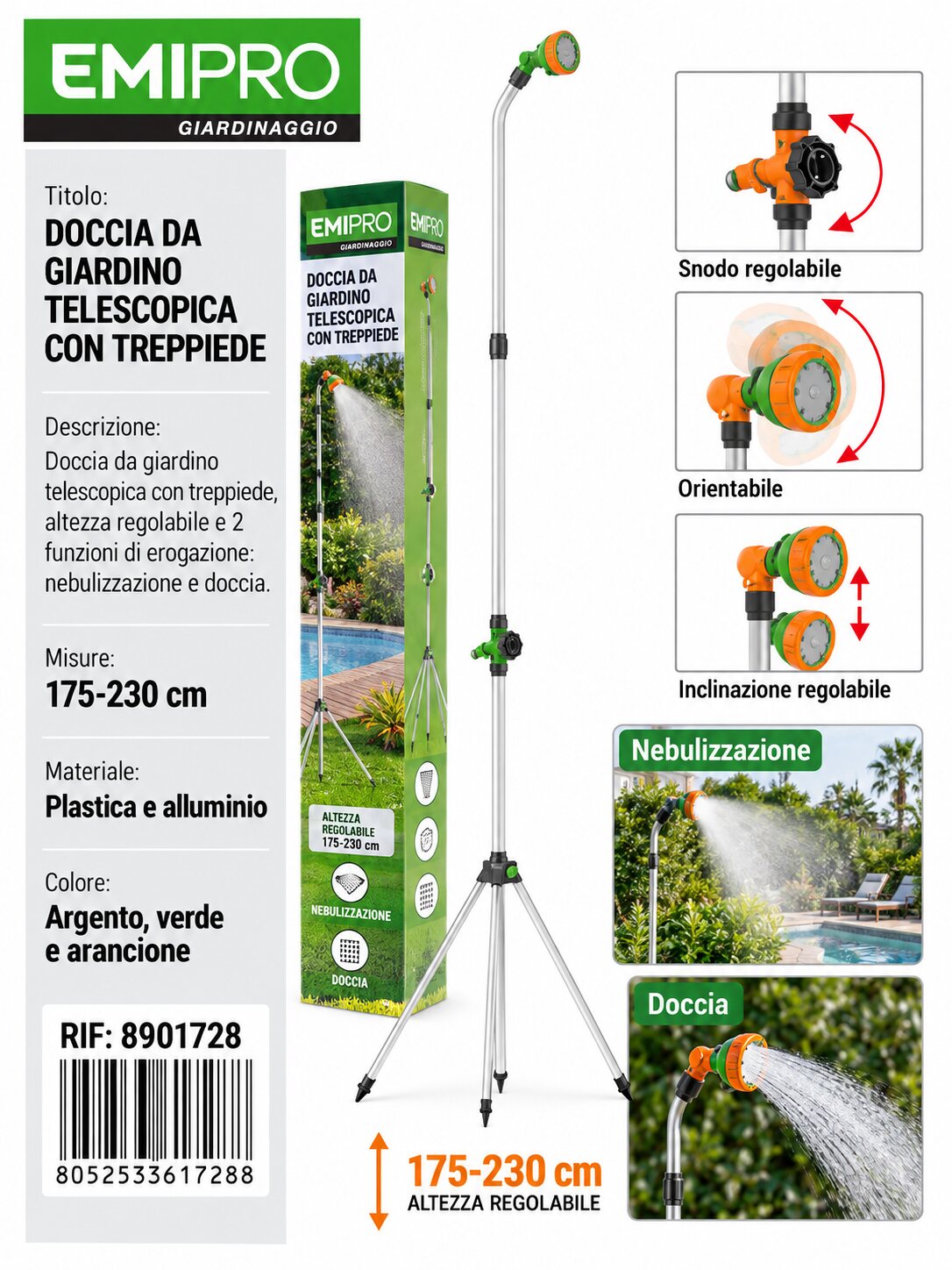 DOCCIA DA GIARDINO TELESCOPICA CON TREPPIEDE 175-230 CM