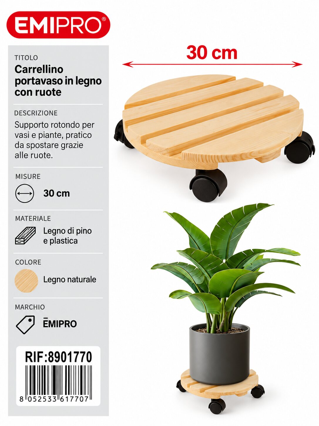 CARRELLINO PORTATUTTO IN LEGNO CON RUOTE 30CM