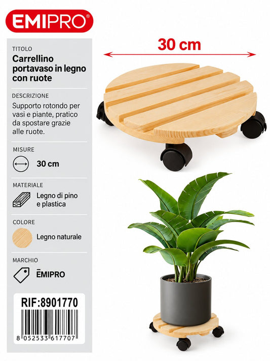 CARRELLINO PORTATUTTO IN LEGNO CON RUOTE 30CM