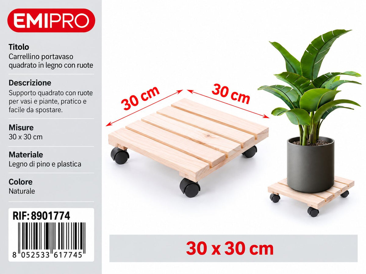 CARRELLINO PORTATUTTO IN LEGNO CON RUOTE 30*30CM