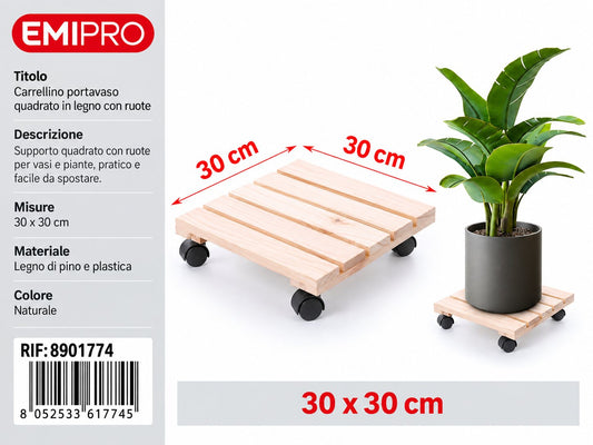CARRELLINO PORTATUTTO IN LEGNO CON RUOTE 30*30CM