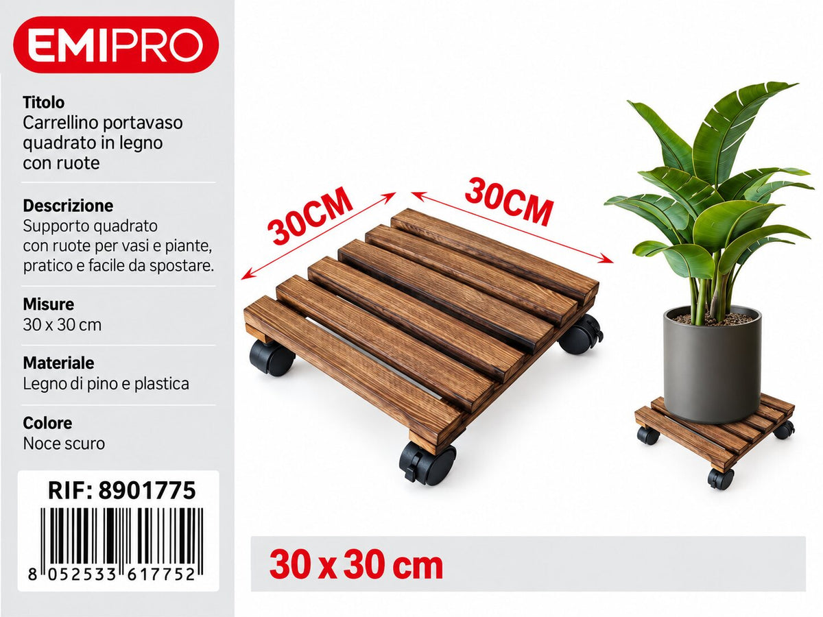 CARRELLINO PORTATUTTO IN LEGNO CON RUOTE 30*30CM