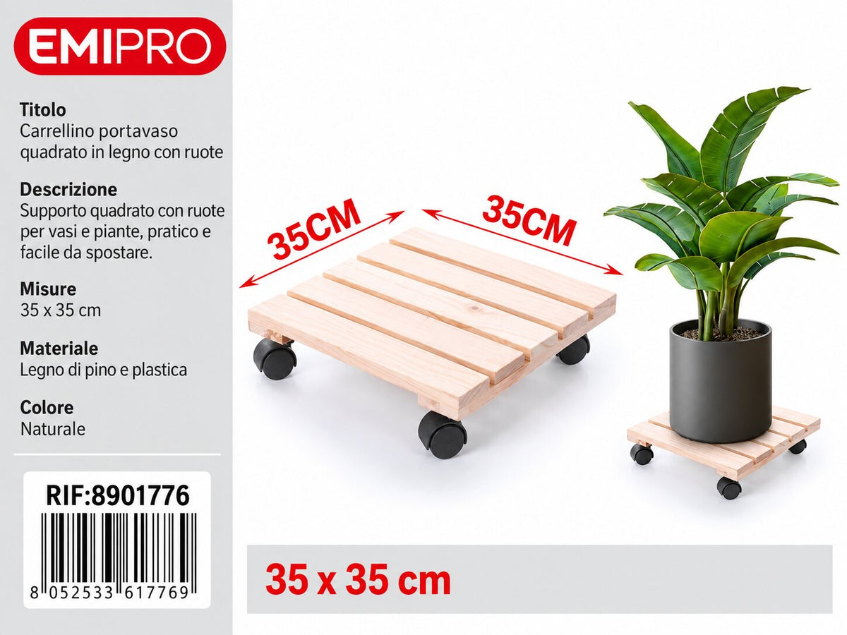 CARRELLINO PORTATUTTO IN LEGNO CON RUOTE 35*35CM