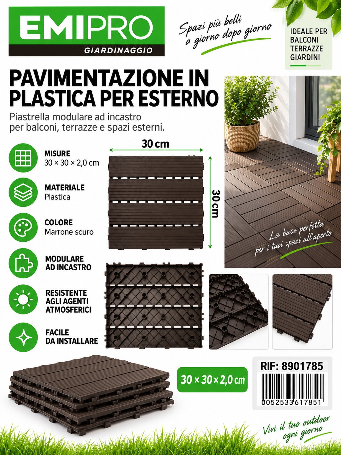 PAVIMENTAZIONE IN PLASTICA PER ESTERNO 30*30*2.0CM