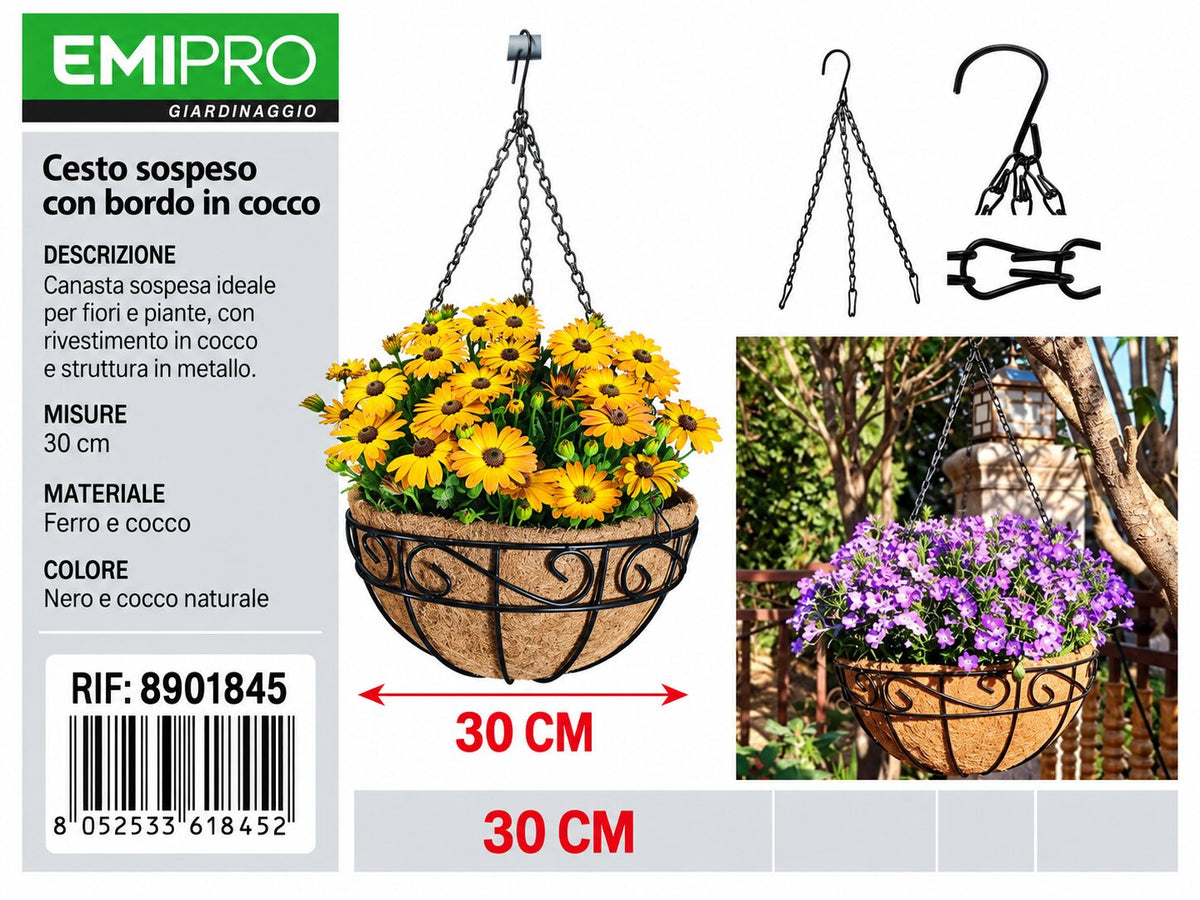 CESTO SOSPESO CON BORDO IN COCCO 30CM