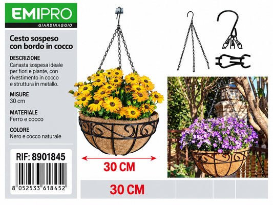 CESTO SOSPESO CON BORDO IN COCCO 30CM