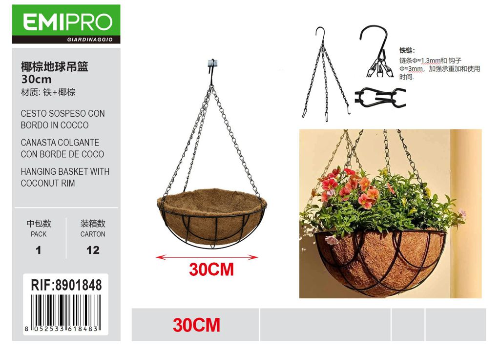 CESTO SOSPESO CON BORDO IN COCCO 30CM