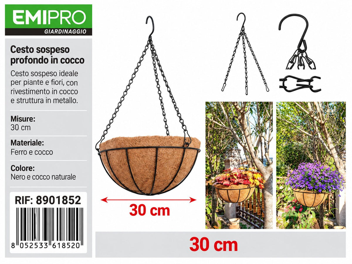 CESTO SOSPESO CON BORDO IN COCCO 30CM