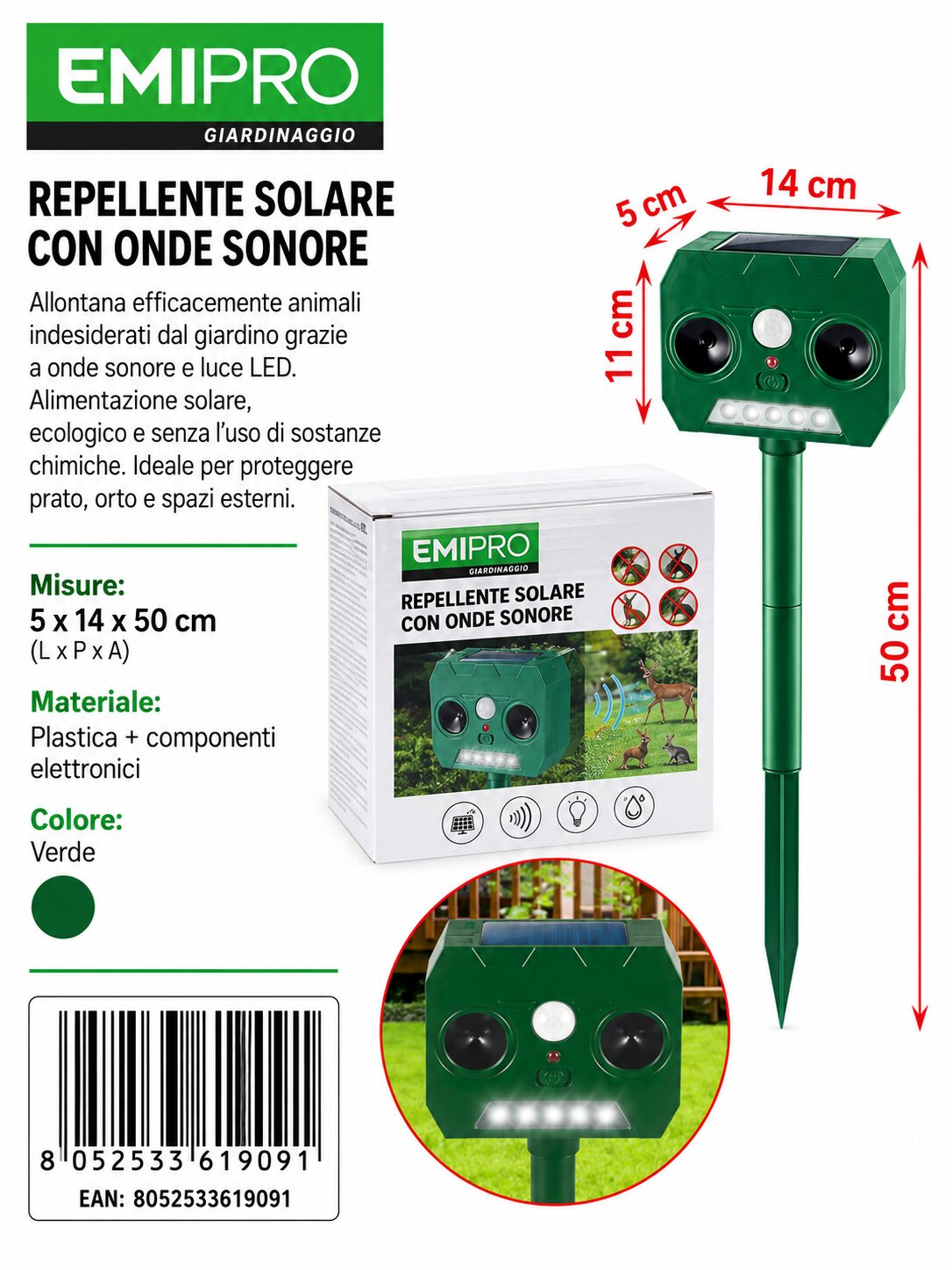 REPELLENTE SOLARE CON ONDE SONORE 14*5*50CM