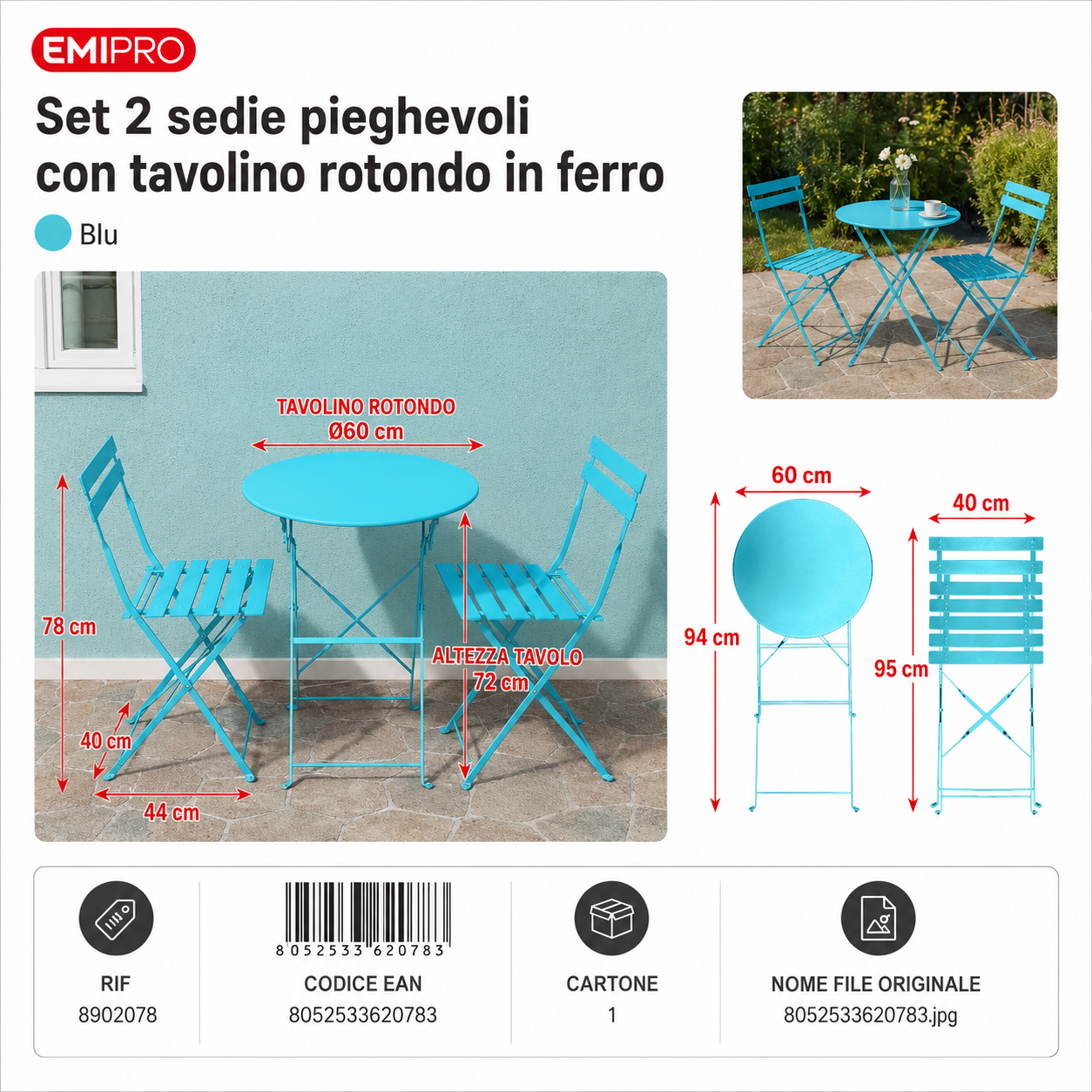 Set 2 Sedie Pieghevoli con Tavolino Rotondo in Ferro