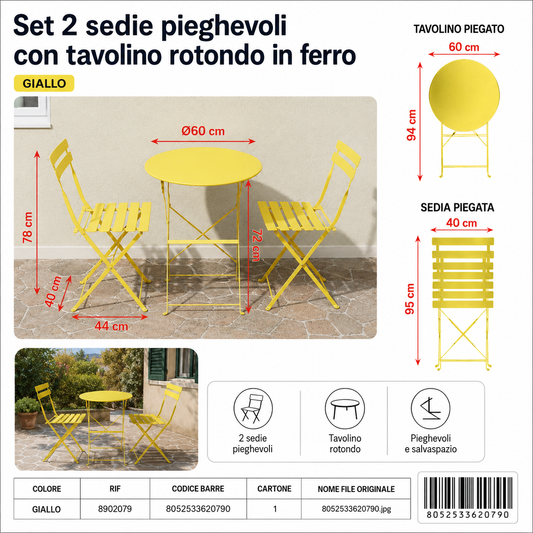 Set 2 Sedie Pieghevoli con Tavolino Rotondo in Ferro