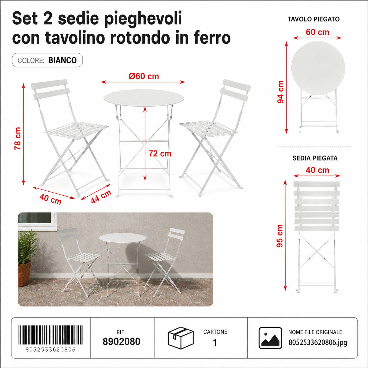 Set 2 Sedie Pieghevoli con Tavolino Rotondo in Ferro