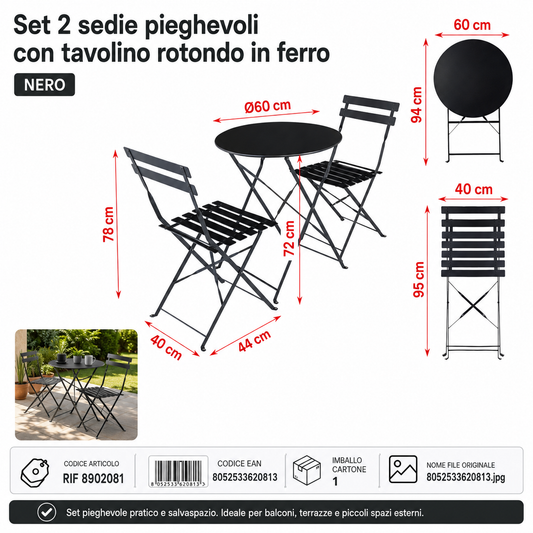 Set 2 Sedie Pieghevoli con Tavolino Rotondo in Ferro