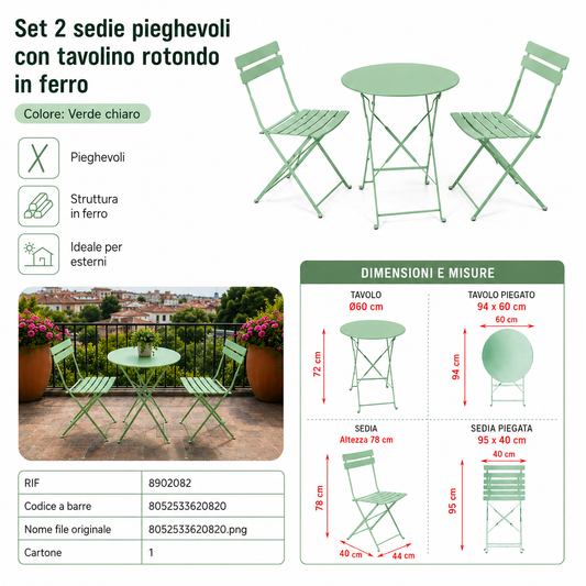 Set 2 Sedie Pieghevoli con Tavolino Rotondo in Ferro