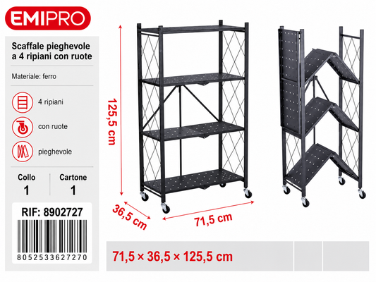 Scaffale Pieghevole a 4 Ripiani con Ruote 71.5*36.5*125cm