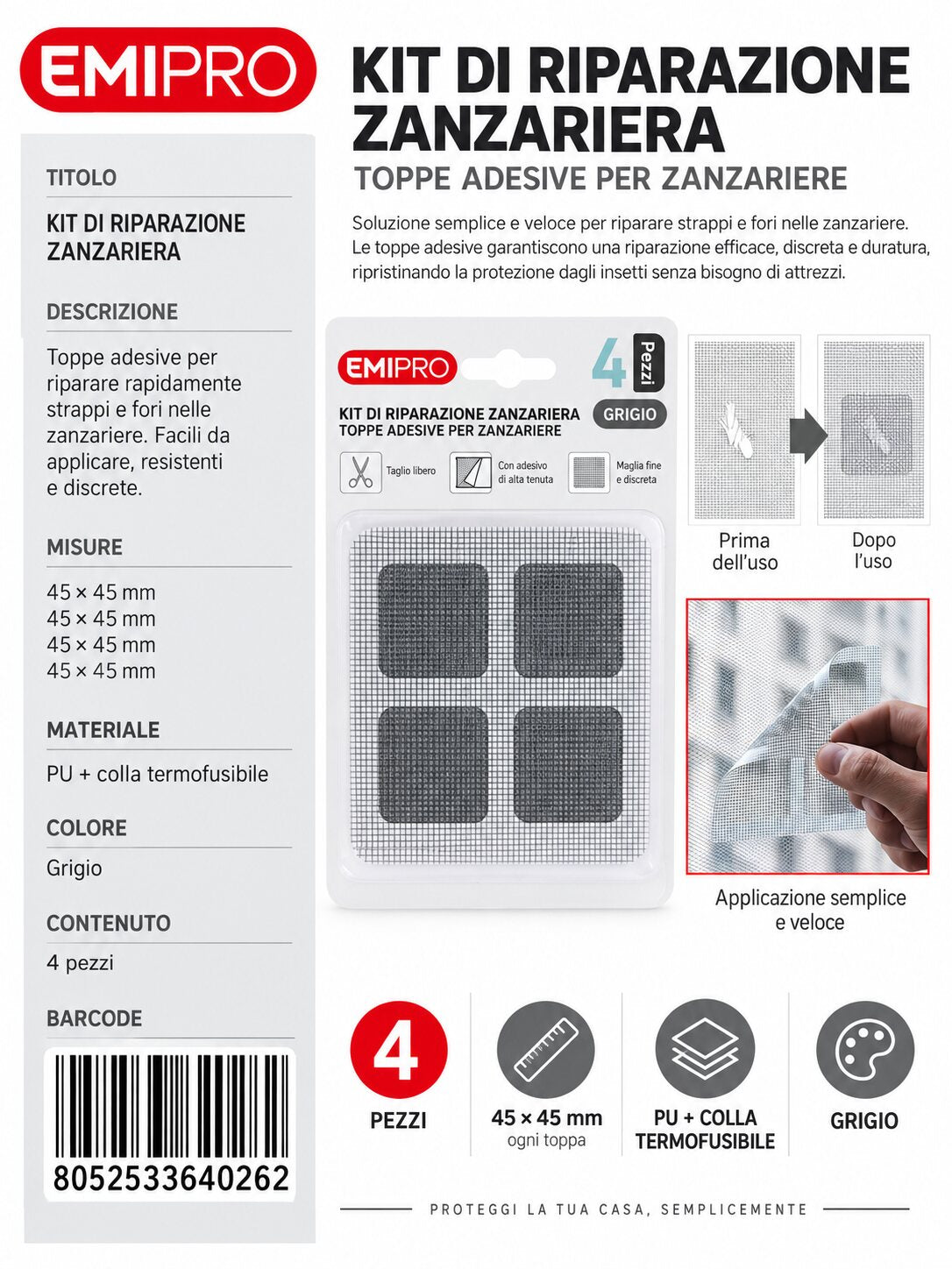 Kit 4 Riparazione Zanzariera 4Pz
