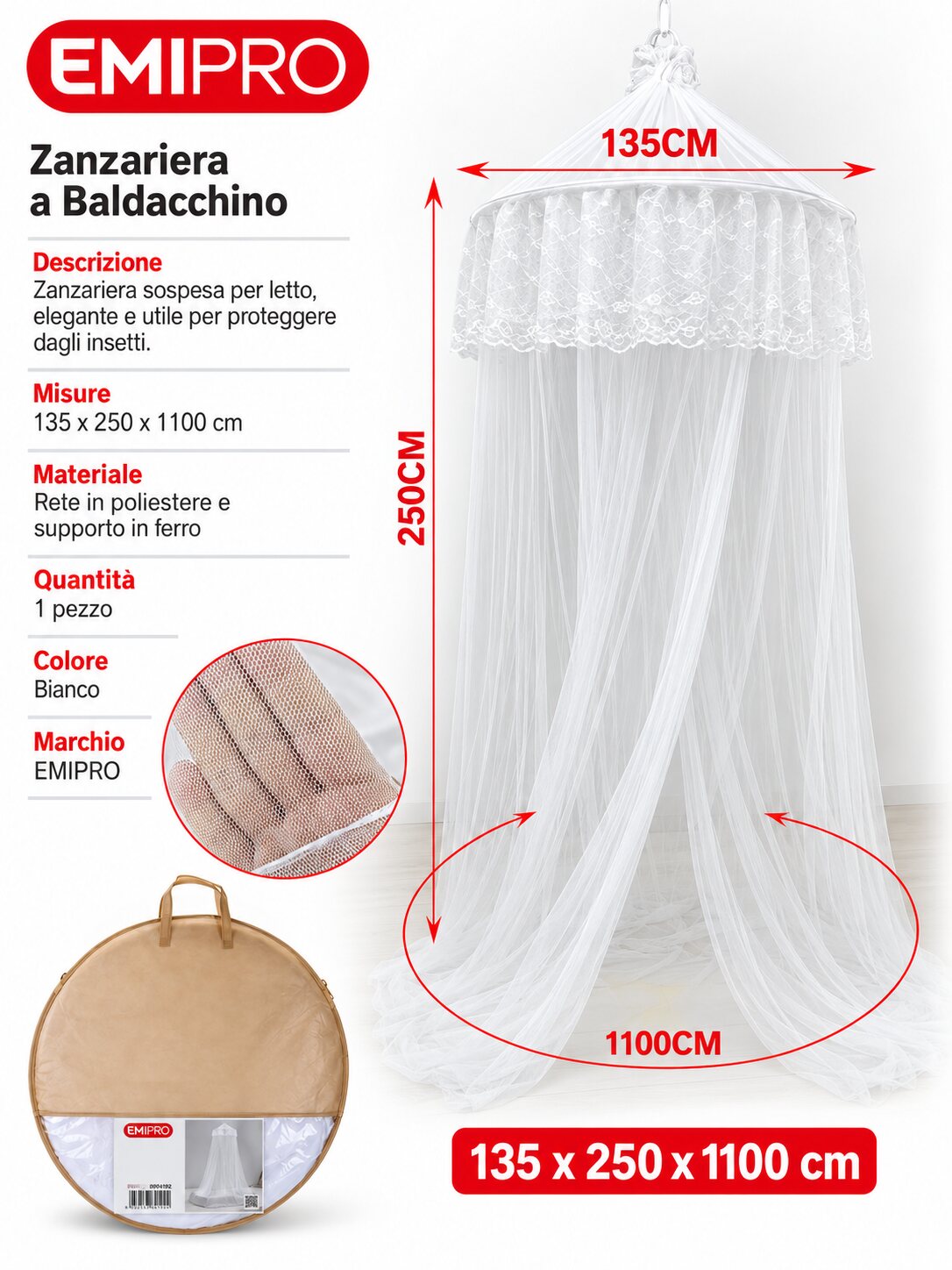 Zanzariera Per Lettino 135*250*1100cm