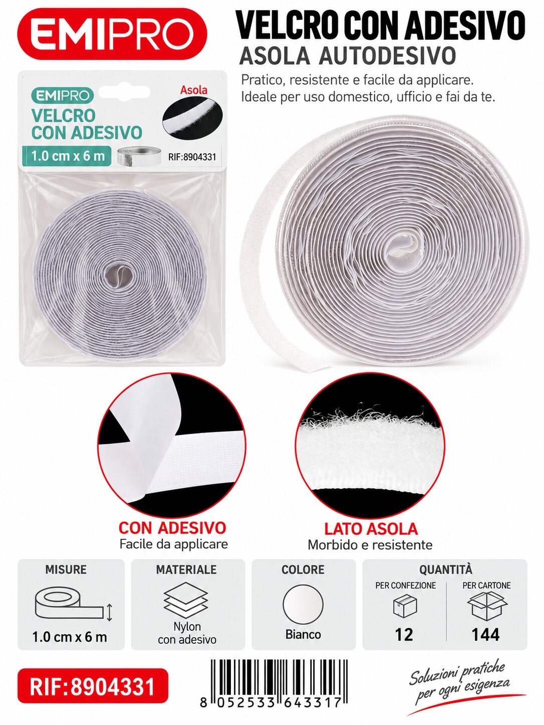 velcro Con Adesive Bianco 1.0cm*6M