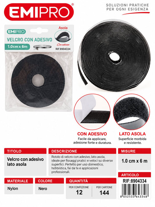 velcro Con Adesive Nero 1.0cm*6M