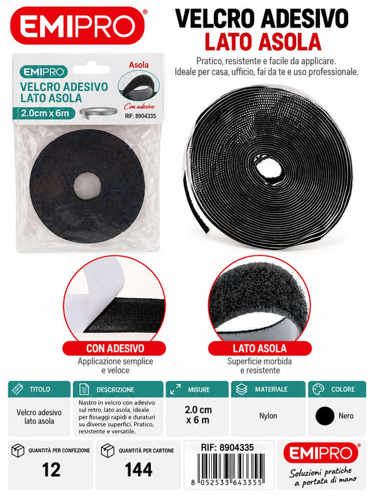 velcro Con Adesive Nero 2.0cm*6M
