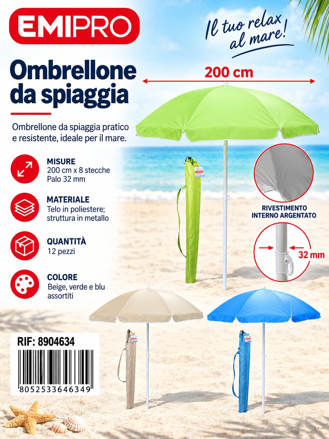 Ombrelloni 200cm*8K 32mm
