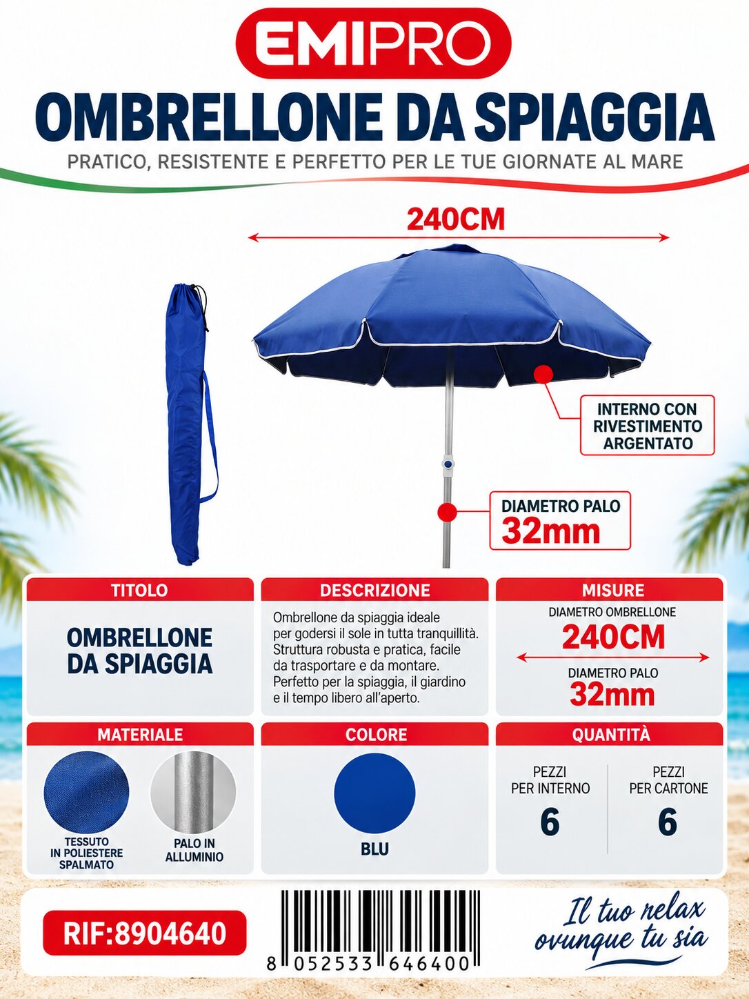 Ombrelloni 240cm*8K 32mm