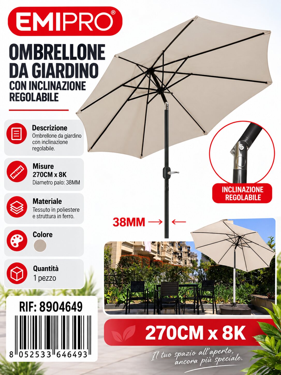 Ombrellone da Giardino con Inclinazione Regolabile 200*130cm*4k 28/32mm