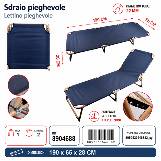Sdraio Pieghevole 190*65*28cm Ø22mm