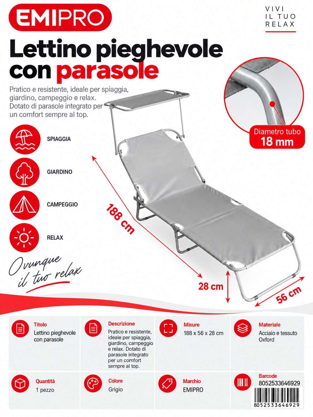 Sdraio Pieghevole con Parasole 188*56*28cm 18mm