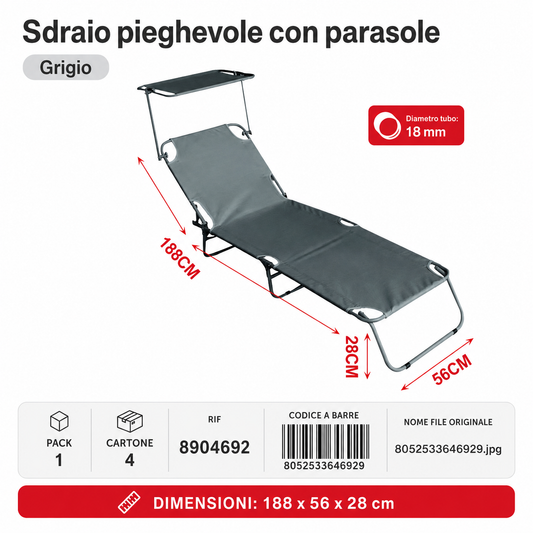 Sdraio Pieghevole con Parasole 188*56*28cm 18mm