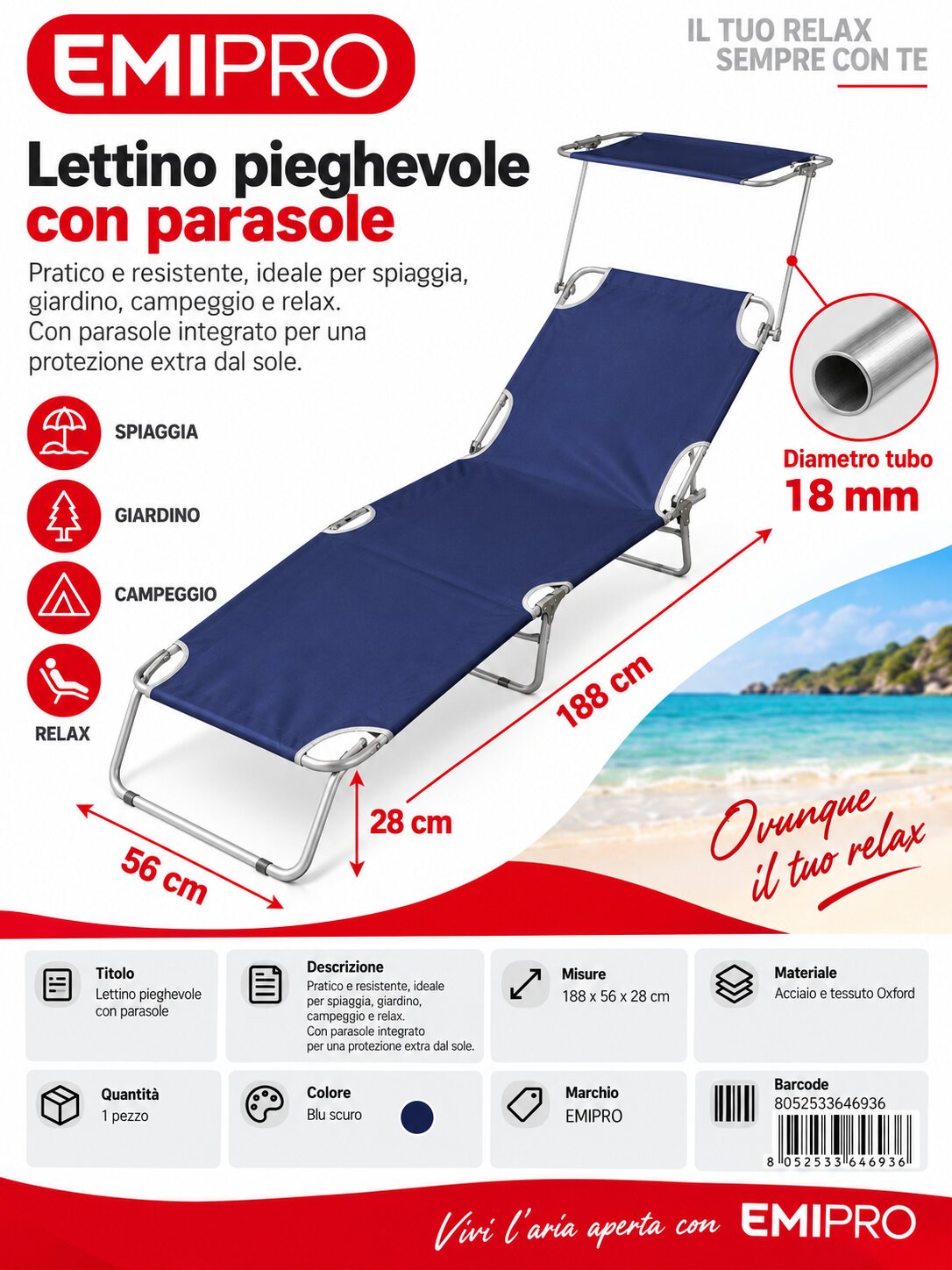 Sdraio Pieghevole con Parasole 188*56*28cm 18mm