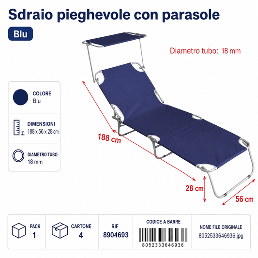 Sdraio Pieghevole con Parasole 188*56*28cm 18mm