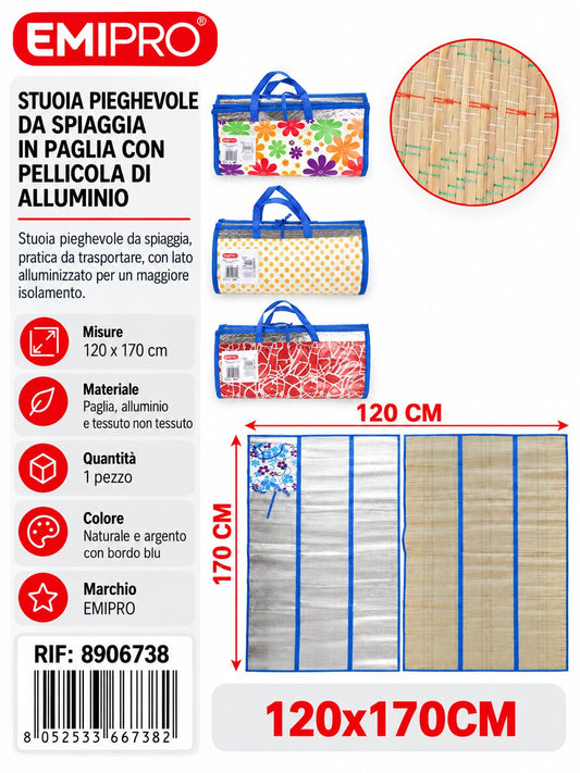 Stuoia Pieghevole Da Spiaggia In Paglia 120*170cm