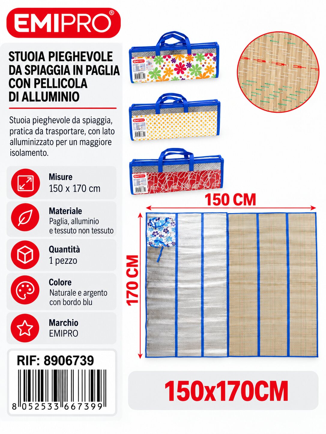 Stuoia Pieghevole Da Spiaggia In Paglia 150*170cm