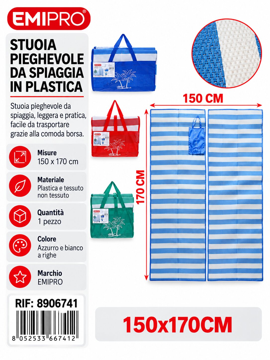 Stuoia Pieghevole Da Spiaggia In Plastica 150*170cm