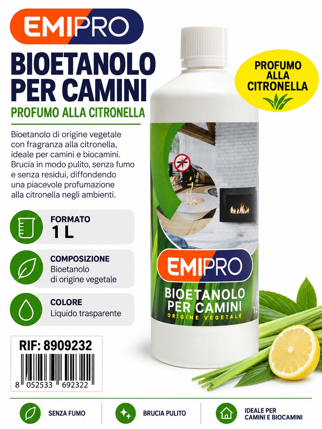 BIOETANOLO PER BIOCAMINI PROFUMO CITRONELLA 1L